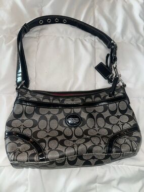 Coach Black and Gray Signature Jacquard Shoulder Bag with Patent Trim